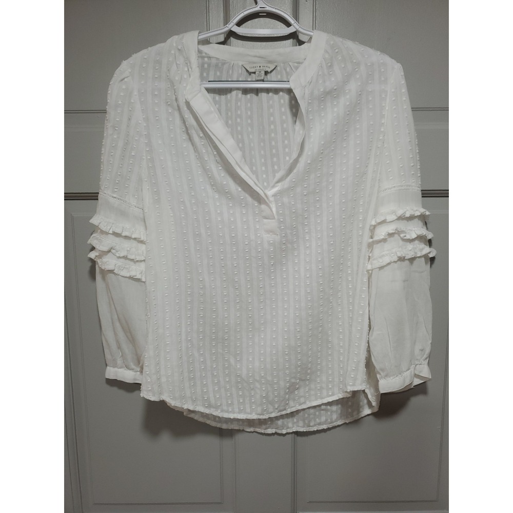 Lucky Brand Women White Clip Dot Peasant Ruffle Sleeve V-neck Boho Blouse M